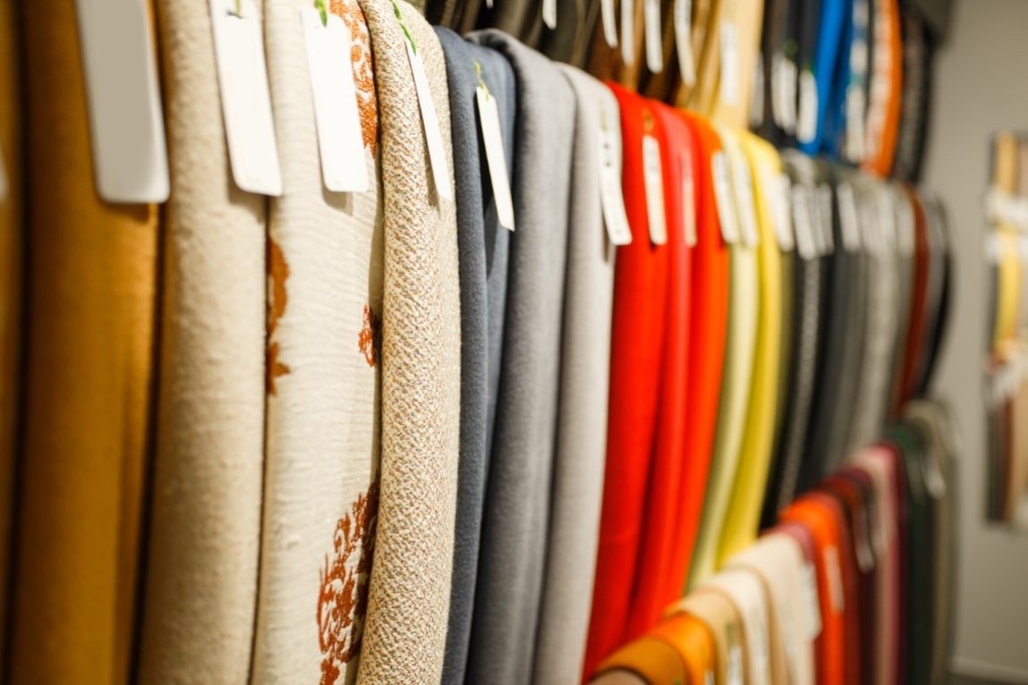 Colorful fabric textile on showcase in store