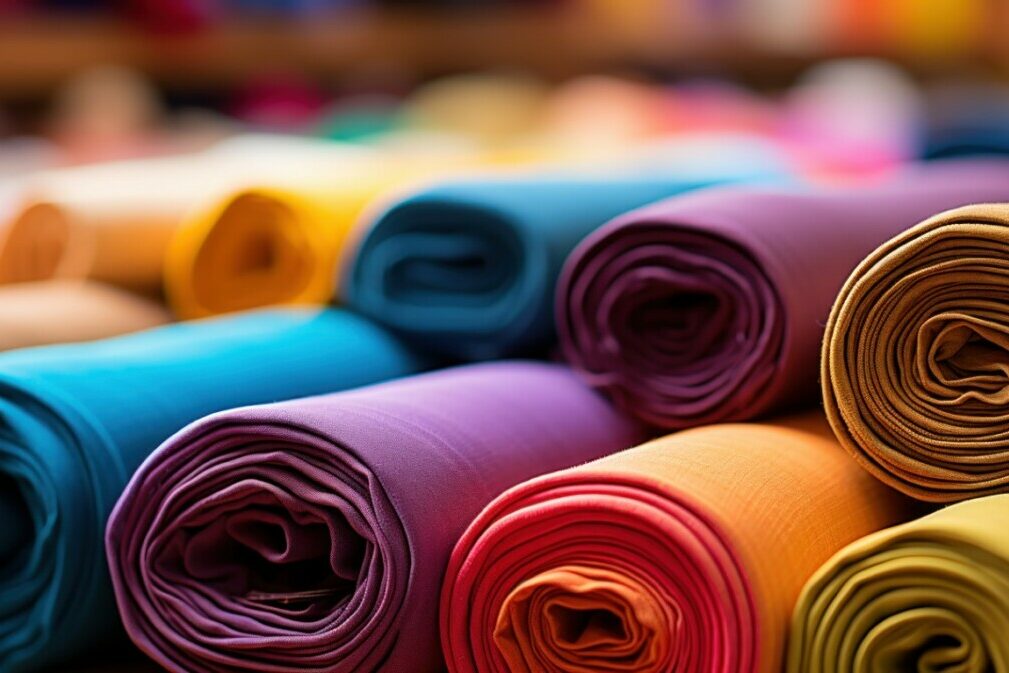 Colorful fabrics neatly aligned in a traditional textile mill.