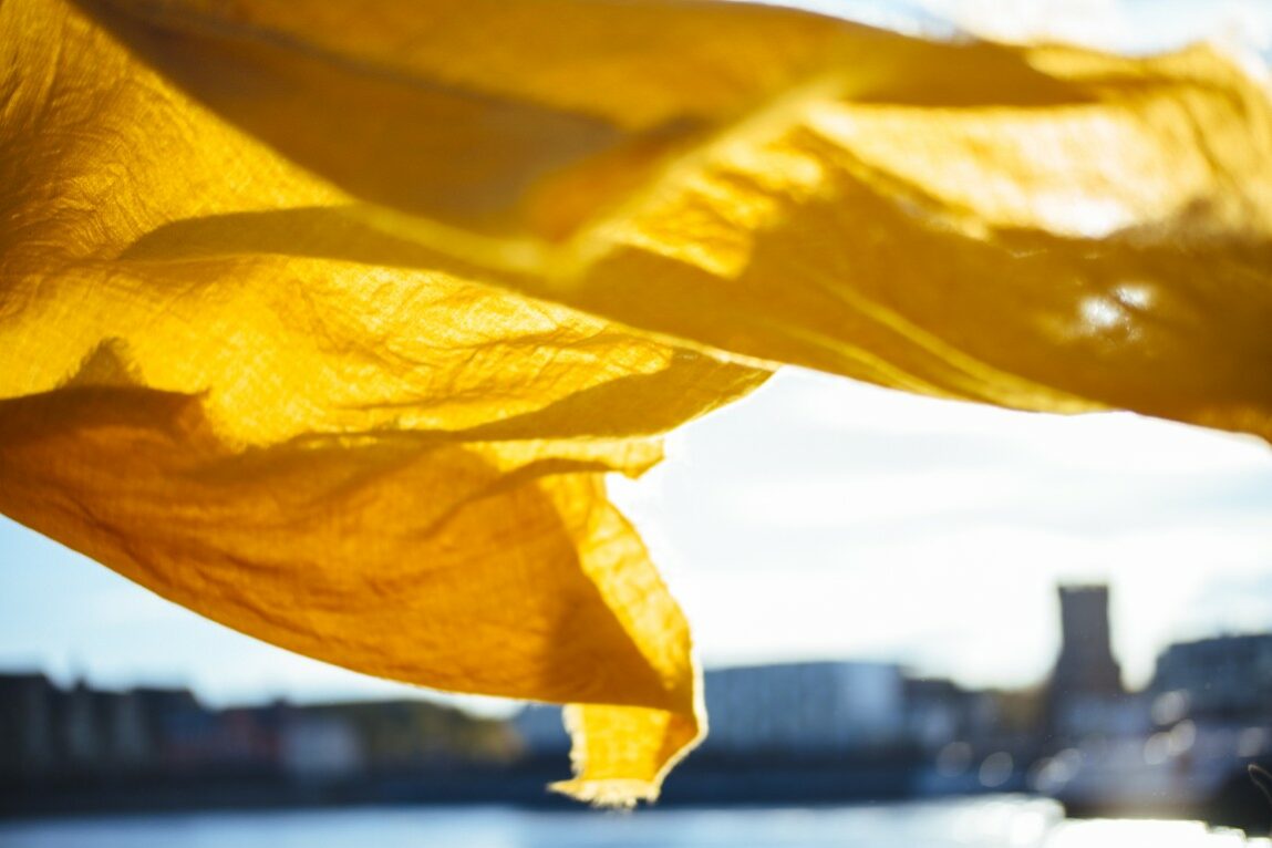 Yellow cloth blowing in the wind